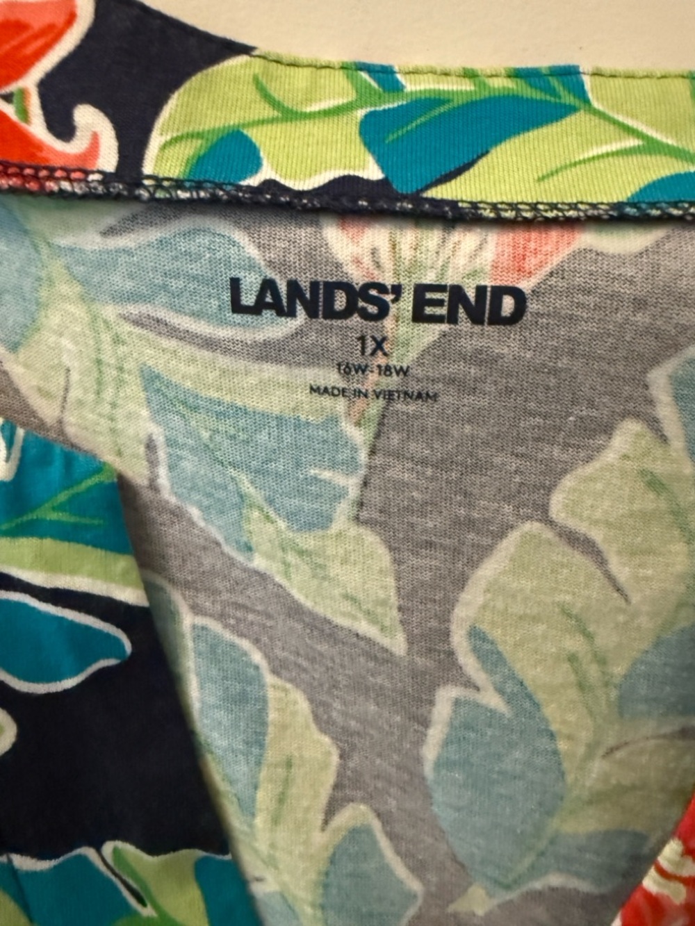 Lands' End Navy Tropical Floral Midi Dress with Green Leaves and Red Flowers - Picture 2 of 3